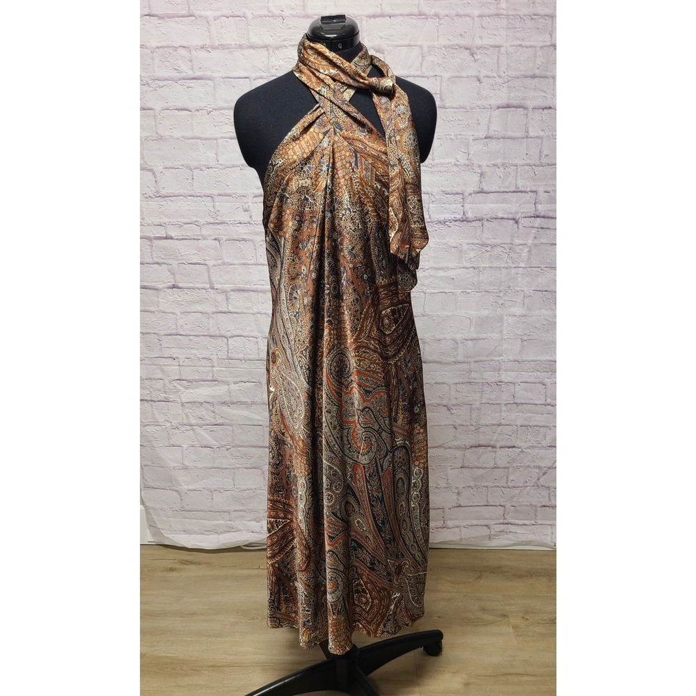 Womens Brown Paisley Halter Neck Midi Dress Boho Silk Like Wrap Tie Sleeveless